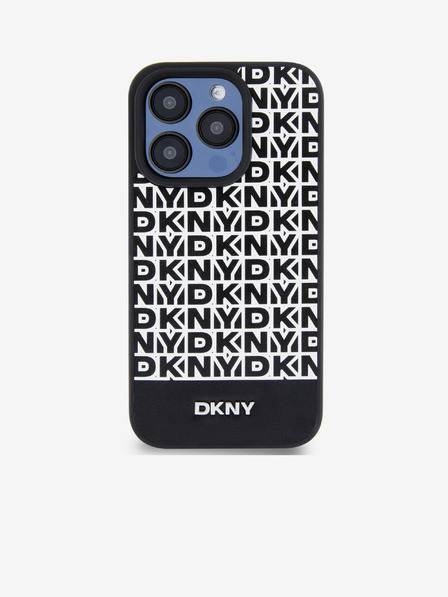 DKNY PU Usnje s ponavljajočim se vzorcem spodnjega dela Stripe MagSafe hrbtni ovitek za iPhone 14 Pro Max Black DKNY