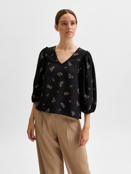 Selected Femme Črna ženska ohlapna cvetlična bluza z balonastimi rokavi Selected Femme Margunn