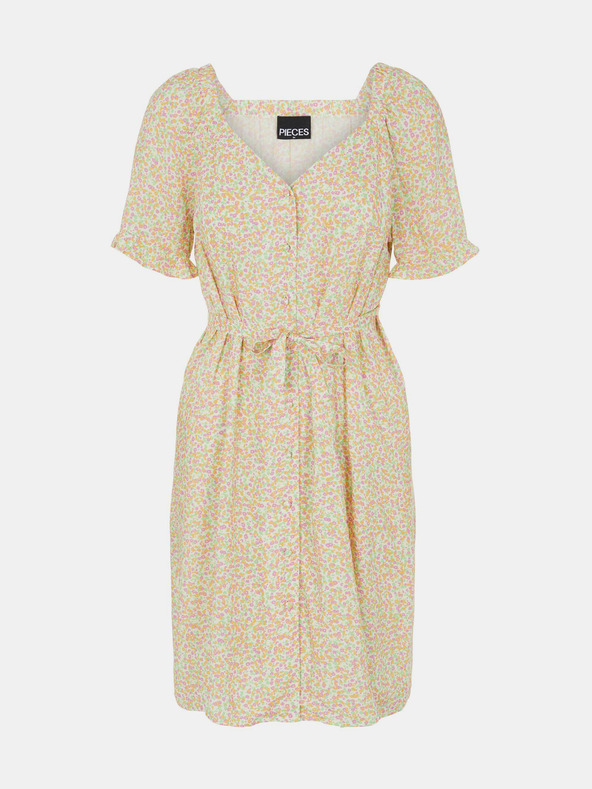 Pieces Kremasta cvetlična obleka s kravato Pieces Timberly