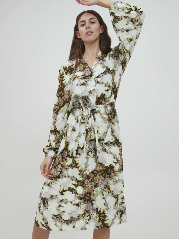 ICHI Rjavo-bela cvetlična obleka s kravato ICHI