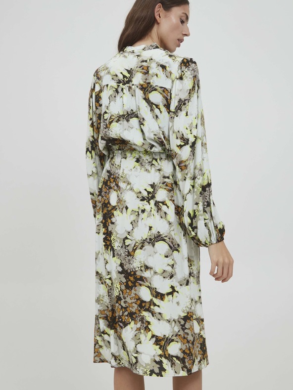 ICHI Rjavo-bela cvetlična obleka s kravato ICHI