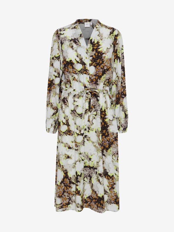 ICHI Rjavo-bela cvetlična obleka s kravato ICHI