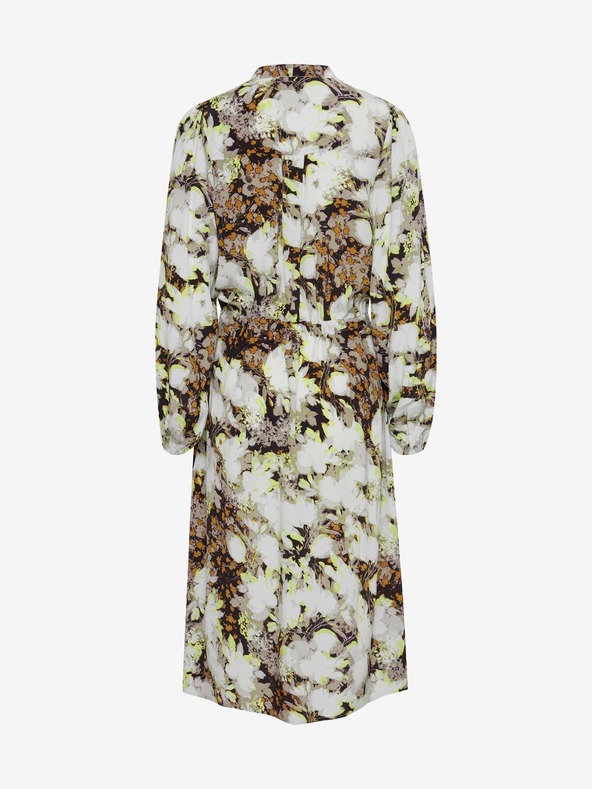 ICHI Rjavo-bela cvetlična obleka s kravato ICHI