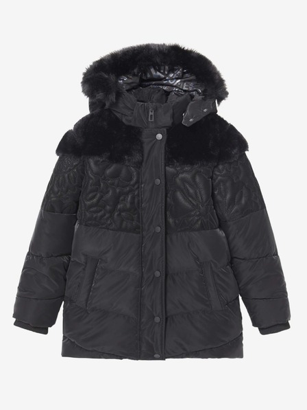 Desigual Črna dekliška vzorčasta zimska bunda s kapuco in umetnim krznom Desigual Kids Exterior