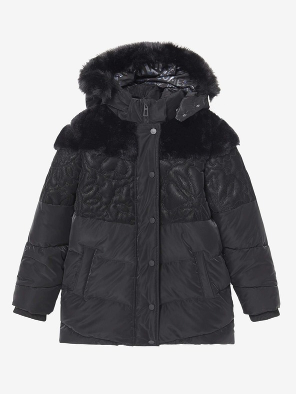 Desigual Črna dekliška vzorčasta zimska bunda s kapuco in umetnim krznom Desigual Kids Exterior