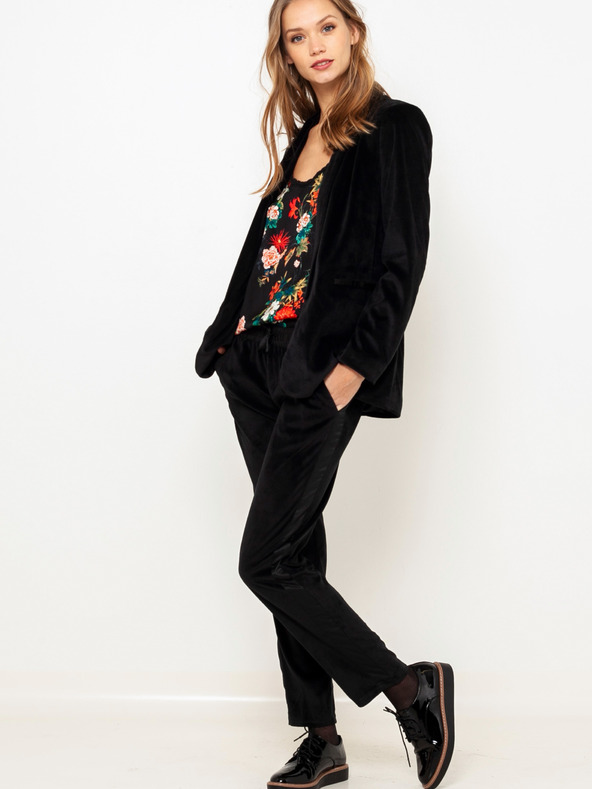 CAMAIEU Črne žametne hlače s pasom CAMAIEU