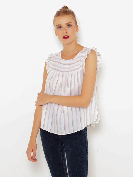 CAMAIEU Bela črtasta bluza z volančki CAMAIEU