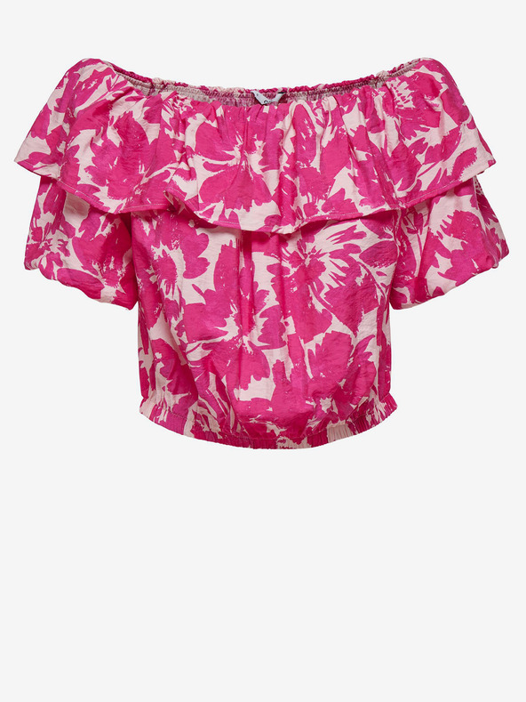ONLY Belo-rožnata cvetlična oprijeta bluza z volančki ONLY Petra