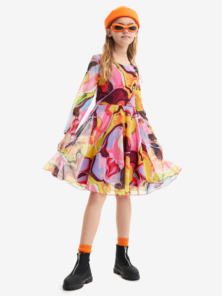 Desigual Rumeno-rožnata dekliška vzorčasta obleka Desigual Aguayo