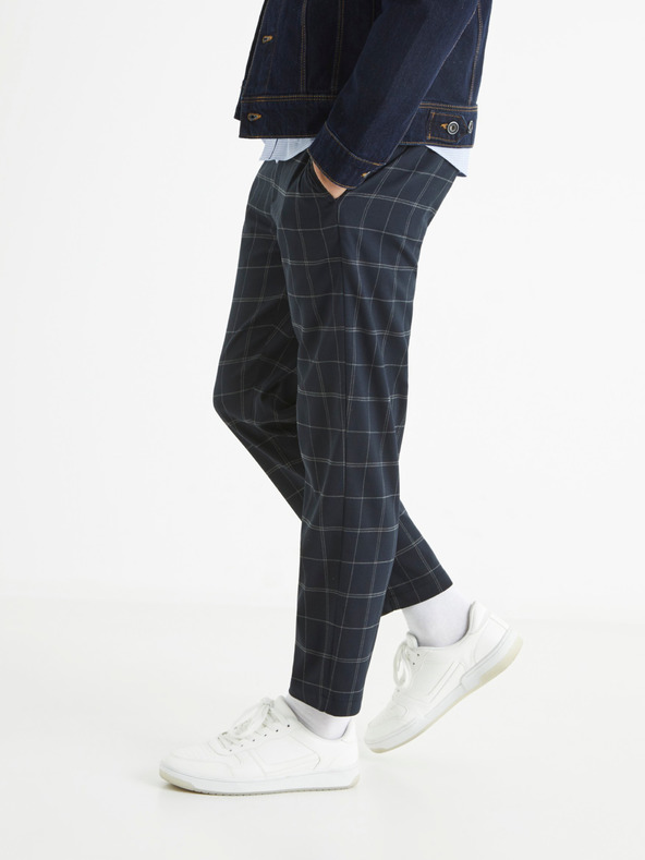 Celio Temno modre moške kariraste hlače Celio