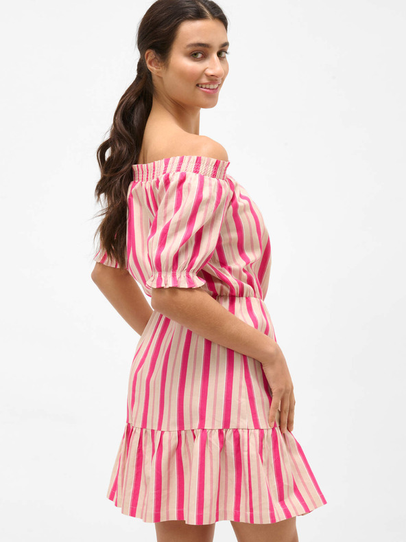 Orsay Rožnata črtasta lanena obleka z odkritimi rameni ORSAY