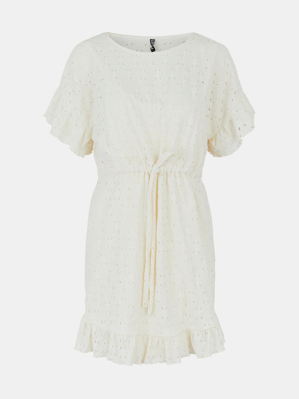 Pieces Kremna perforirana obleka z zavezovanjem v pasu Pieces Life