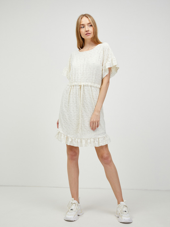 Pieces Kremna perforirana obleka z zavezovanjem v pasu Pieces Life