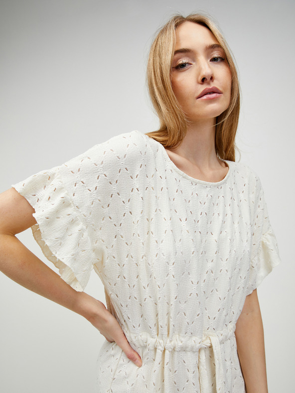 Pieces Kremna perforirana obleka z zavezovanjem v pasu Pieces Life