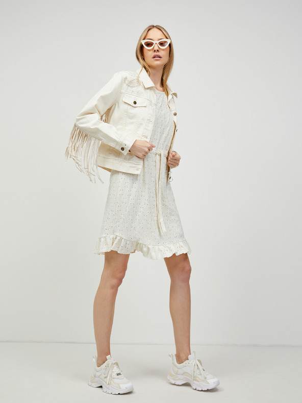 Pieces Kremna perforirana obleka z zavezovanjem v pasu Pieces Life