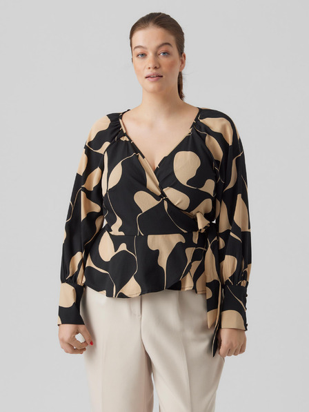 Vero Moda Curve Ženska vzorčasta bluza s kravato VERO MODA CURVE Lydia v bež in črni barvi