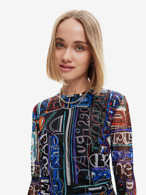 Desigual Modro-črna ženska vzorčasta mini obleka brez rokavov Desigual Pisava