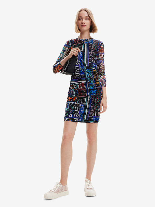 Desigual Modro-črna ženska vzorčasta mini obleka brez rokavov Desigual Pisava