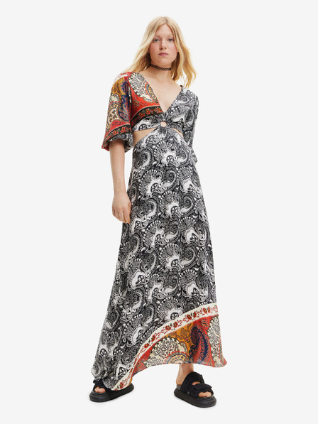 Desigual Belo-črna ženska vzorčasta maksi obleka z izrezi Desigual Sirsal