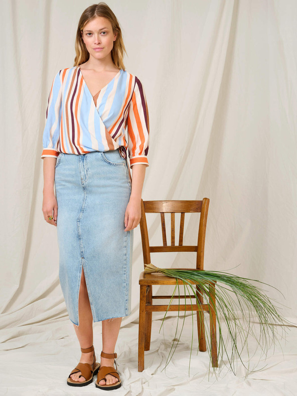 Orsay Modro-oranžna črtasta ovita bluza s tričetrtinskimi rokavi ORSAY