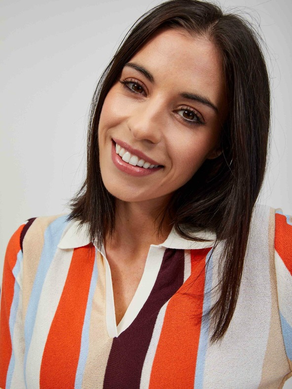 Orsay Oranžno-krem lahek črtast pulover s kratkimi rokavi ORSAY