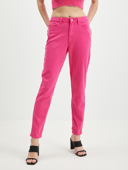 Pieces Temno rožnate ženske oprijete kavbojke Mom Fit Pieces Kesia