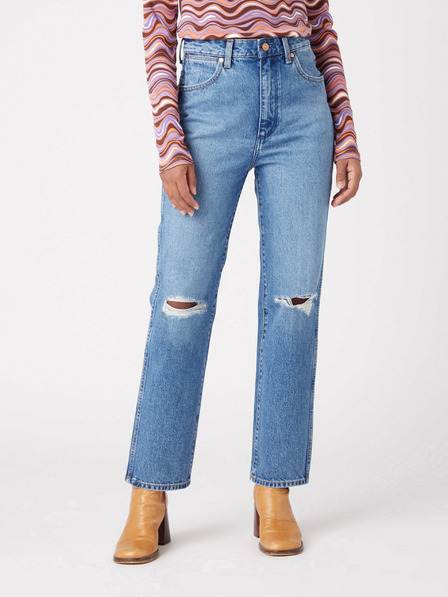 Wrangler Modre ženske kavbojke ravnega kroja z raztrganim učinkom Wrangler
