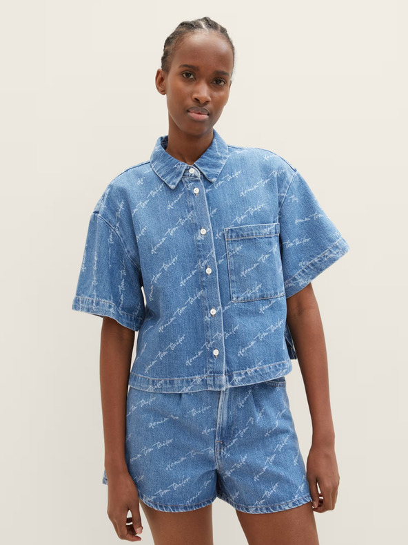 Tom Tailor Denim Modra vzorčasta ženska majica iz džinsa Tom Tailor Denim