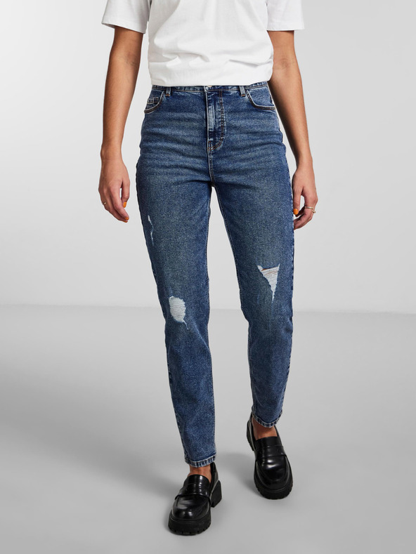 Pieces Modre ženske raztrgane kavbojke mom fit Pieces Kesia