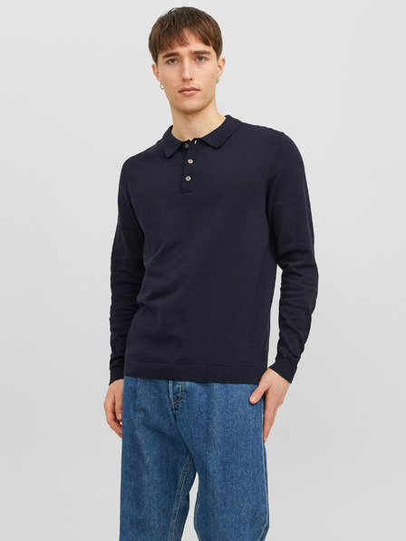 Jack & Jones Temno modra moška pletena polo majica z dolgimi rokavi Jack & Jones Blaigor