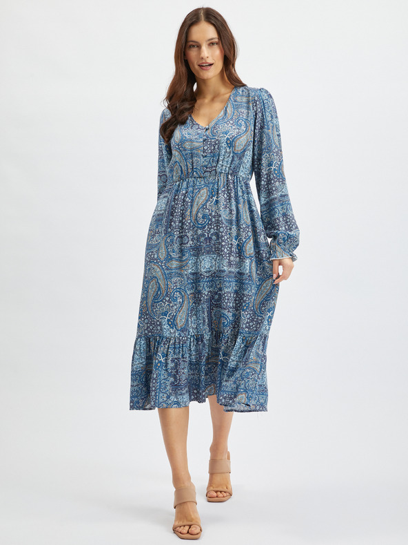 Orsay Modra ženska vzorčasta midi obleka ORSAY