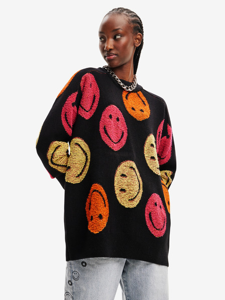 Desigual Črn ženski pulover Desigual Smiley s prevelikim vzorcem