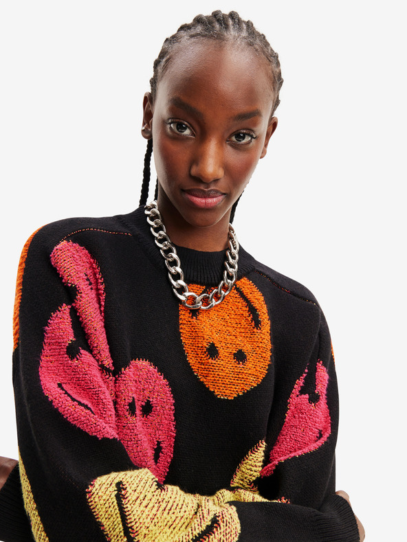 Desigual Črn ženski pulover Desigual Smiley s prevelikim vzorcem