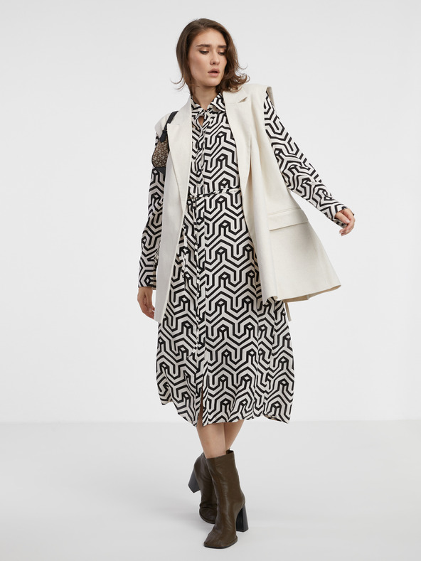 Vila Kremasta in črna ženska vzorčasta srajčna obleka VILA Daca