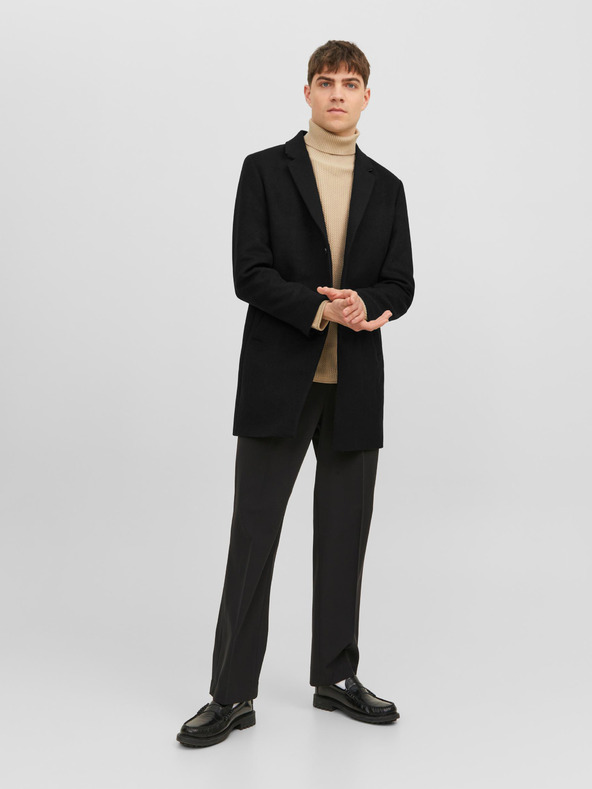 Jack & Jones Črn moški plašč Jack & Jones Morrison iz volnene mešanice