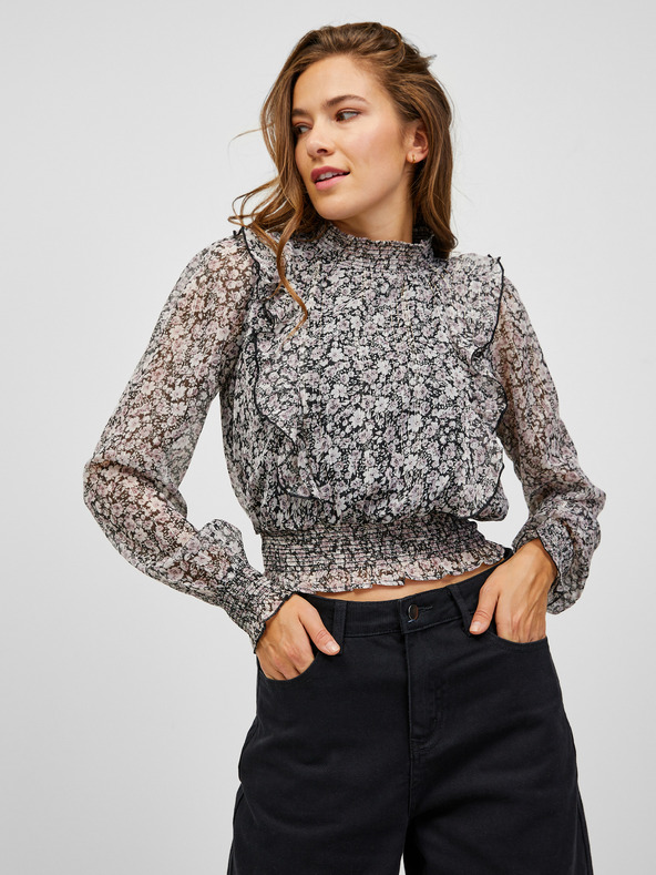 TALLY WEiJL Belo-črna cvetlična kratka bluza z volančki TALLY WEiJL