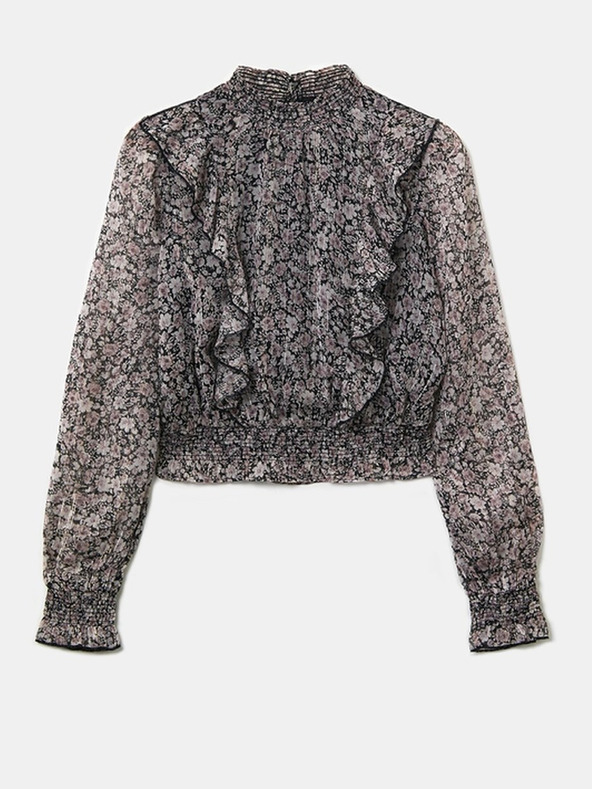 TALLY WEiJL Belo-črna cvetlična kratka bluza z volančki TALLY WEiJL