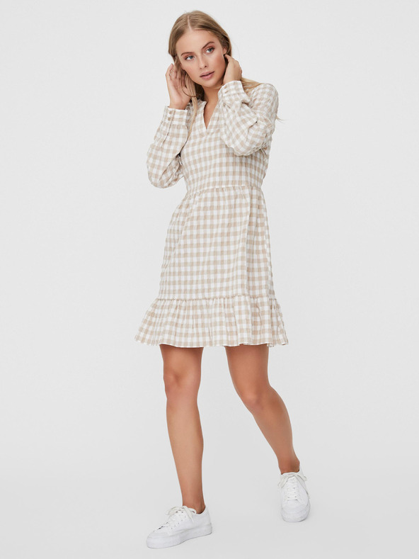 Vero Moda Bela in bež karirasta obleka VERO MODA Kimi
