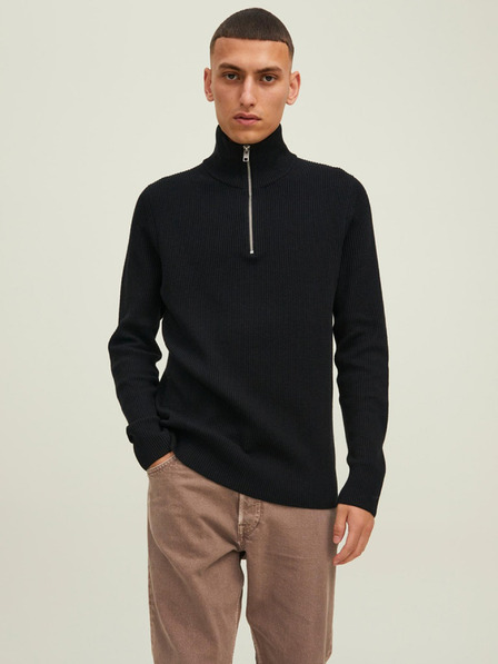 Jack & Jones Črn moški pulover Jack & Jones Perfect z rebrasto zadrgo