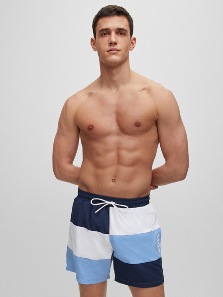 BOSS Bele in temno modre moške črtaste kopalke Hugo Boss