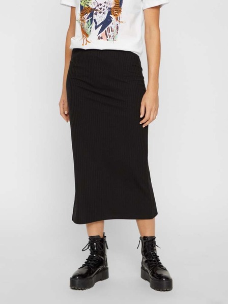 Pieces Črno rebrasto midi krilo z razporkom Pieces Kylie