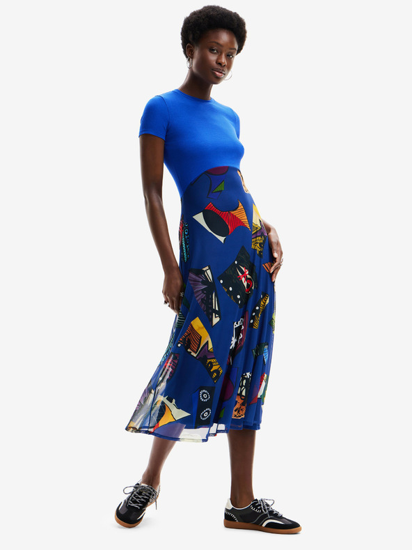 Desigual Modra ženska vzorčasta midi obleka Desigual Lin Lacroix