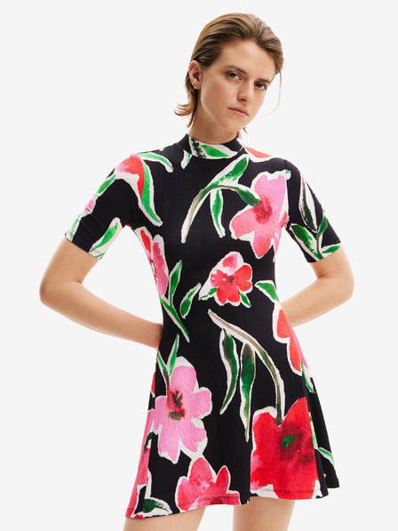 Desigual Desigual Boston roza in črna ženska pletena obleka s cvetličnim vzorcem