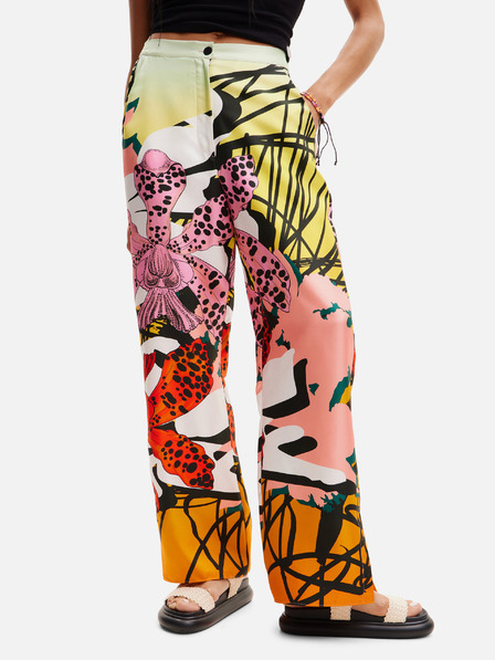 Desigual Rumeno-rožnate ženske hlače iz svile z vzorcem Desigual Ericeira Lacroix