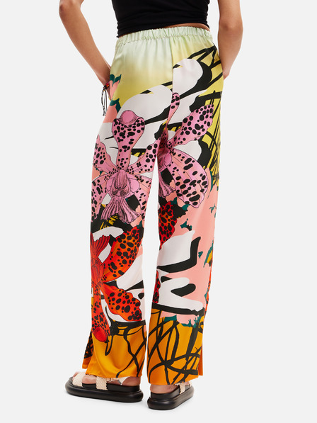 Desigual Rumeno-rožnate ženske hlače iz svile z vzorcem Desigual Ericeira Lacroix
