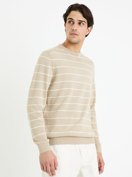 Celio Bež moški črtast osnovni pulover Celio Decoton