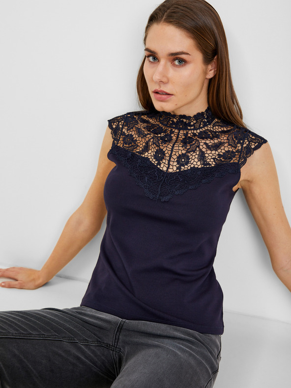 Orsay Temno modra ženska majica s čipkastim detajlom ORSAY