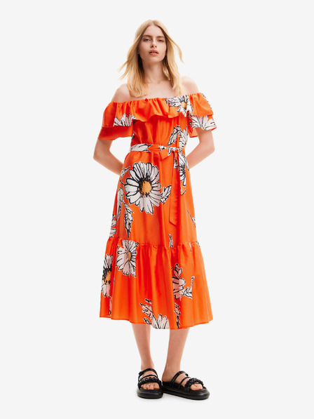 Desigual Oranžna ženska cvetlična midi obleka Desigual Georgeo