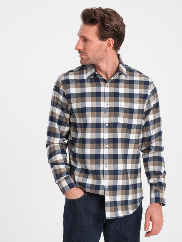 Ombre Clothing Rjava in modra moška karirasta flanelasta srajca Ombre Clothing