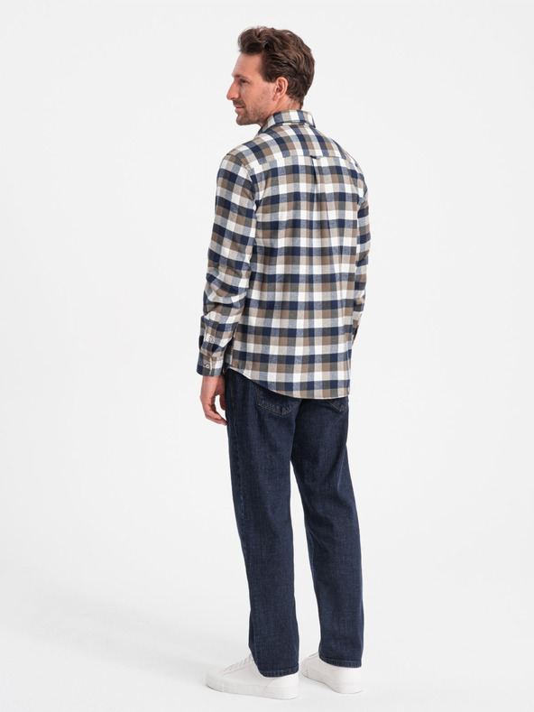 Ombre Clothing Rjava in modra moška karirasta flanelasta srajca Ombre Clothing
